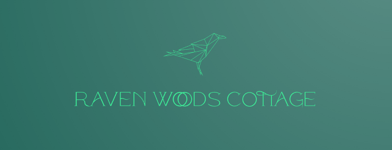 Raven Woods Cottage logo, green background with raven